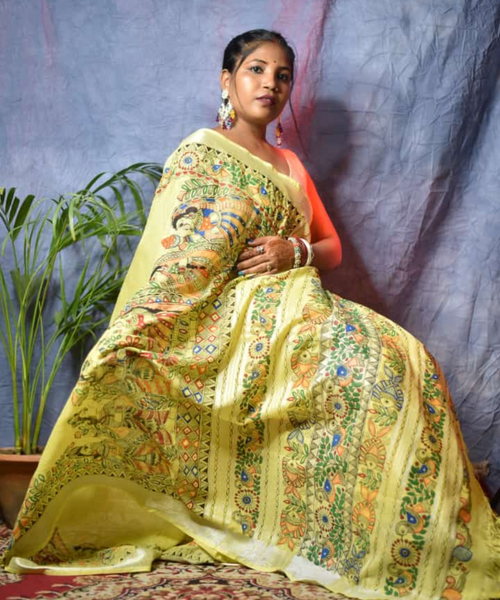 Yellow Linen Saree with Madhubani White Motif