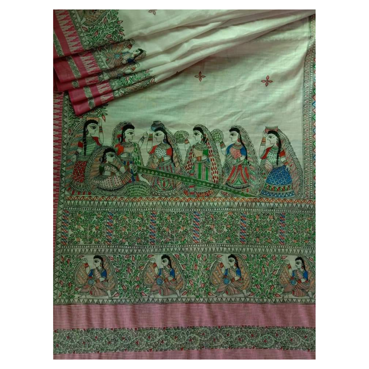 Light Green Linen Saree with Madhubani Painting of Radha Rani and Her Sakhi