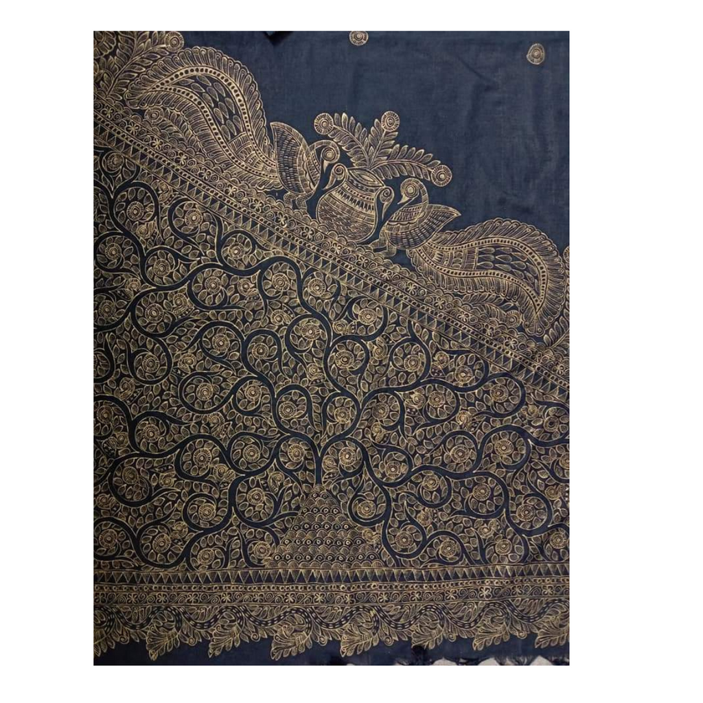 Black Linen Saree with Madhubani Peacock Painting