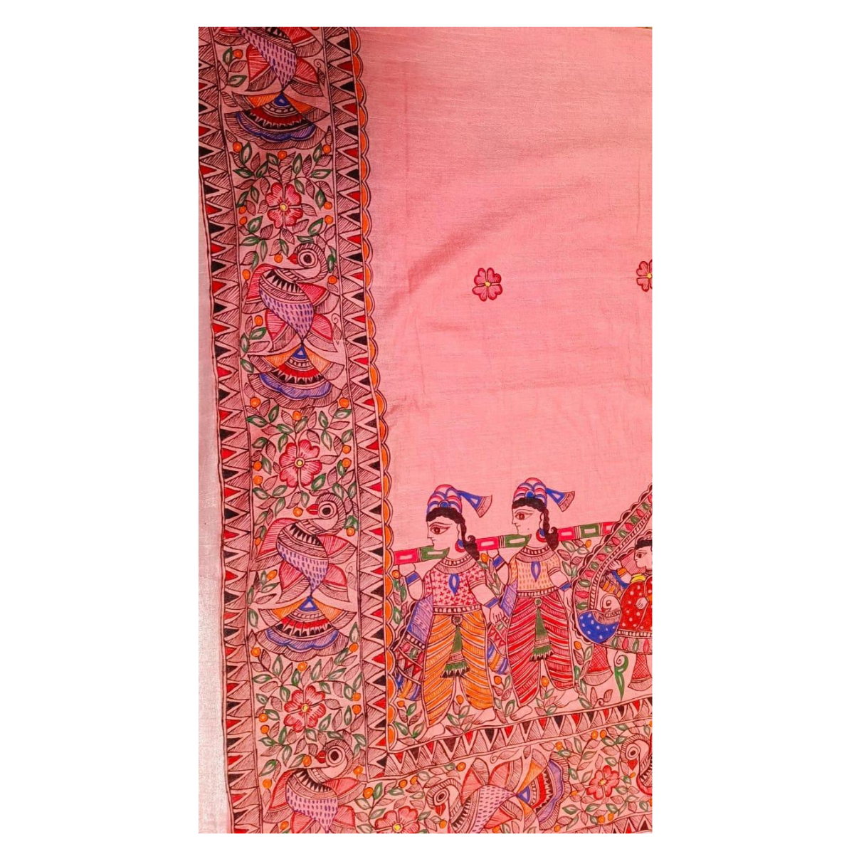 Off-White Linen Saree with Madhubani Painting of Bride and Groom and "Sada Sawbhagyawati Reho