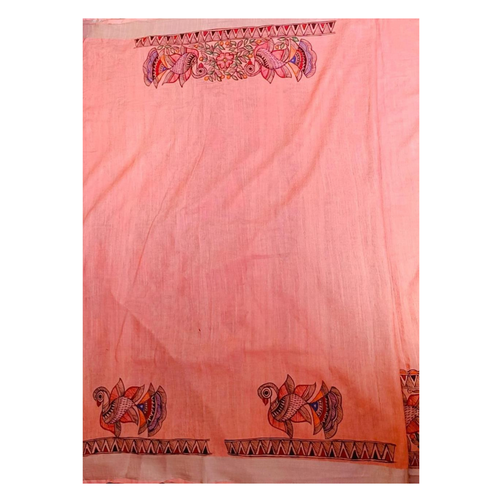 Off-White Linen Saree with Madhubani Painting of Bride and Groom and 