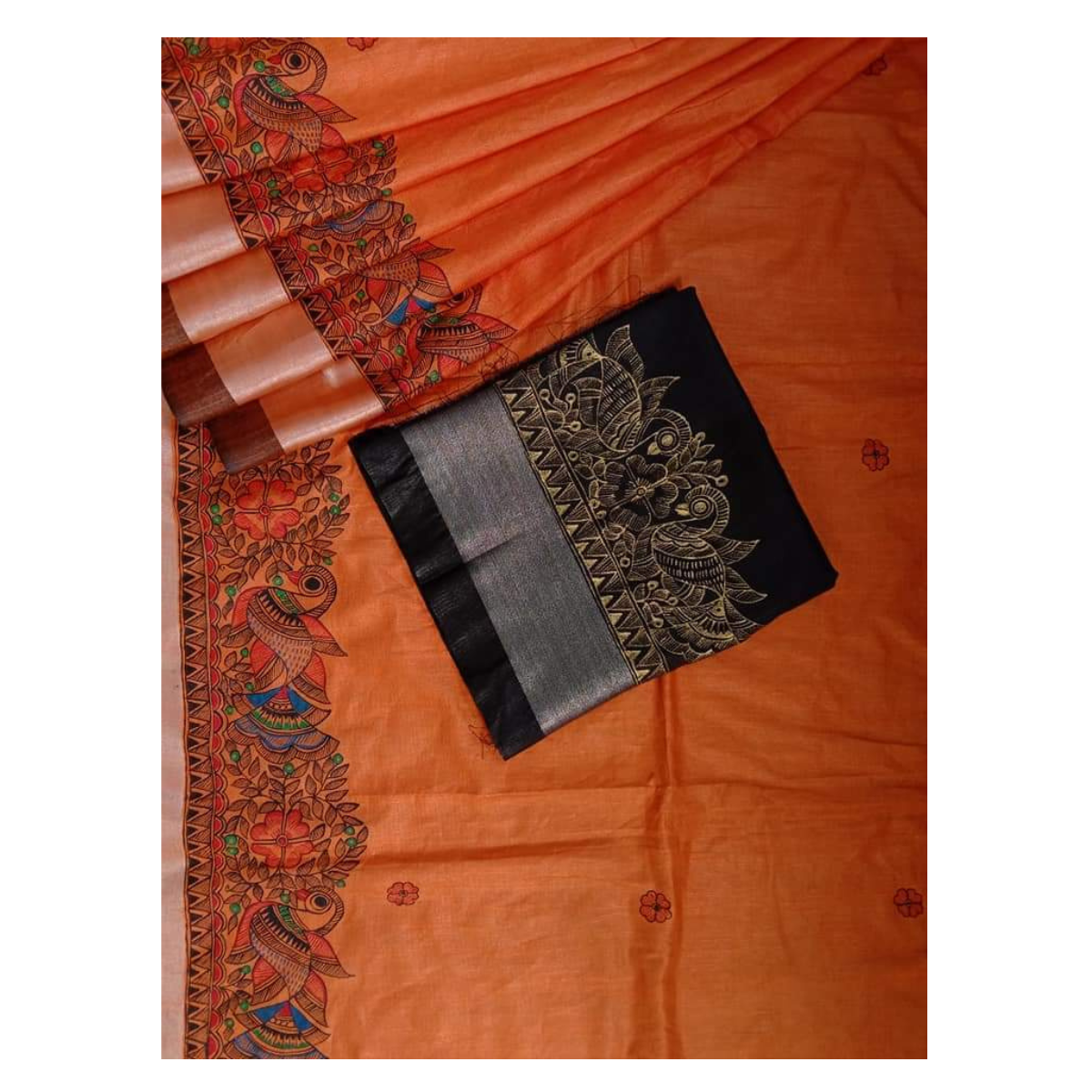 Orange Linen Saree with Madhubani Painting of Radha Rani and Her Sakhi