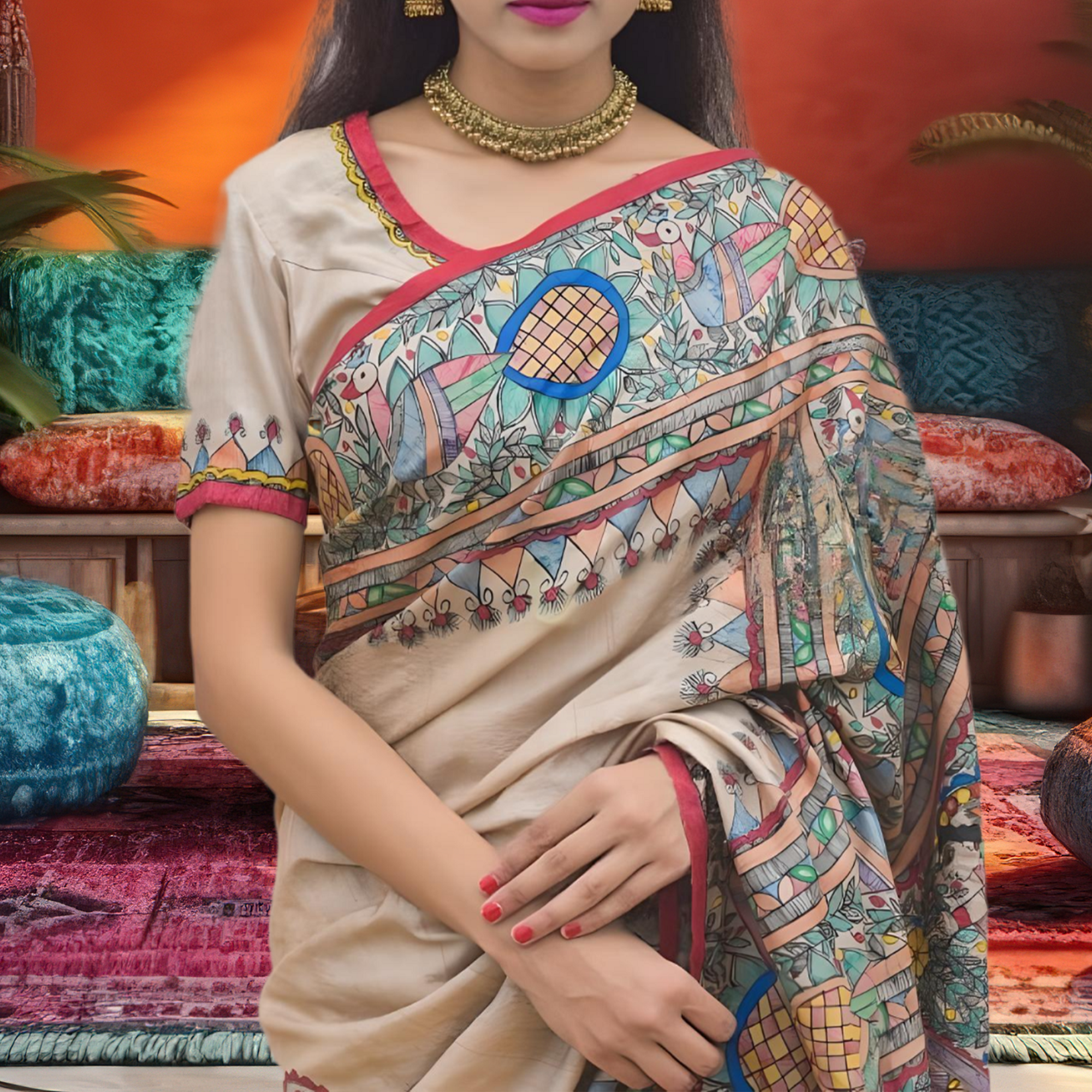 Madhubani Paints Handpainted Madhubani 'Ramayana' Tussar Silk Saree