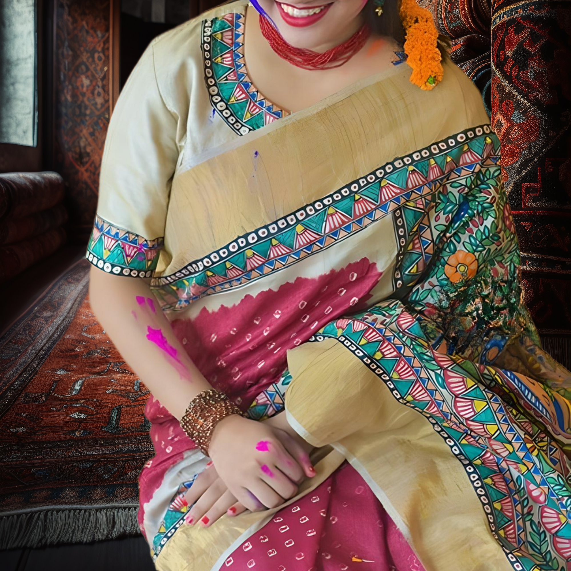 Gauri Puja' Handpainted Madhubani Bandhani Tussar Silk Saree Madhubani Paints