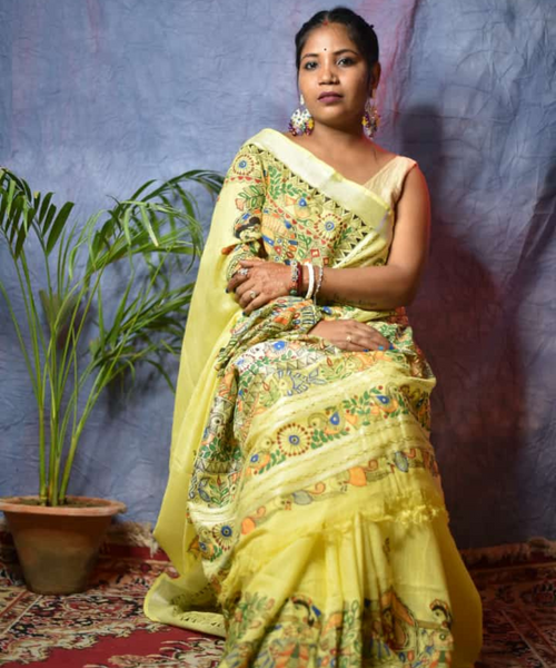 Yellow Linen Saree with Madhubani White Motif