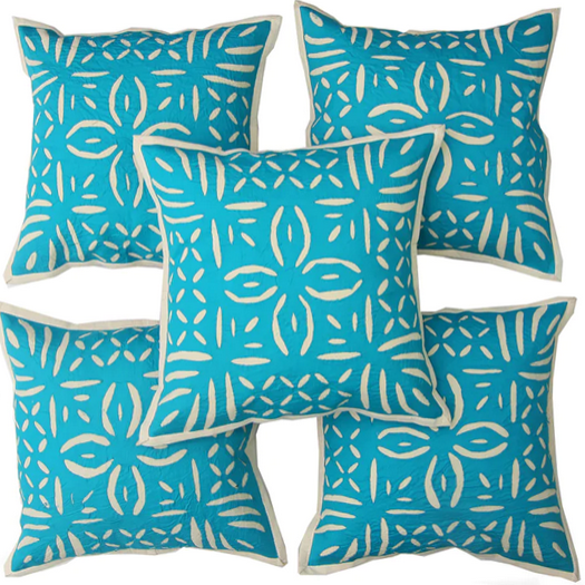 5 handcrafted applique cushion covers of size 16 x 16 inch - Sky Blue