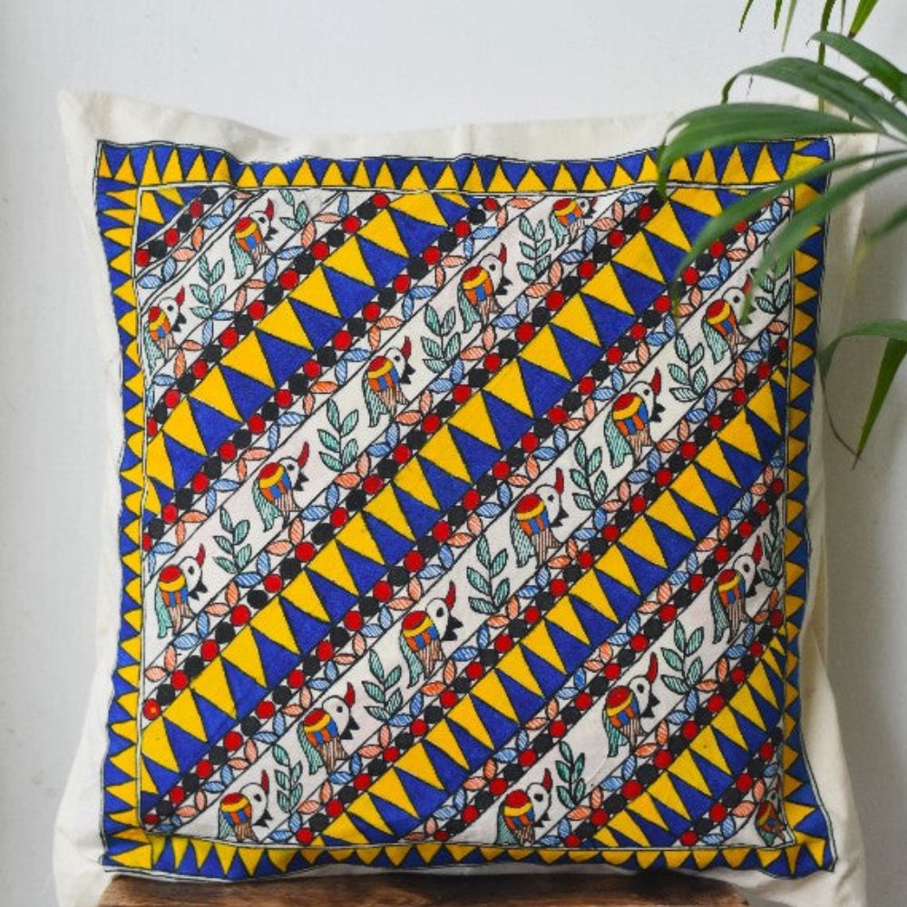 Madhubani Painting Peacock Border Design Cushion