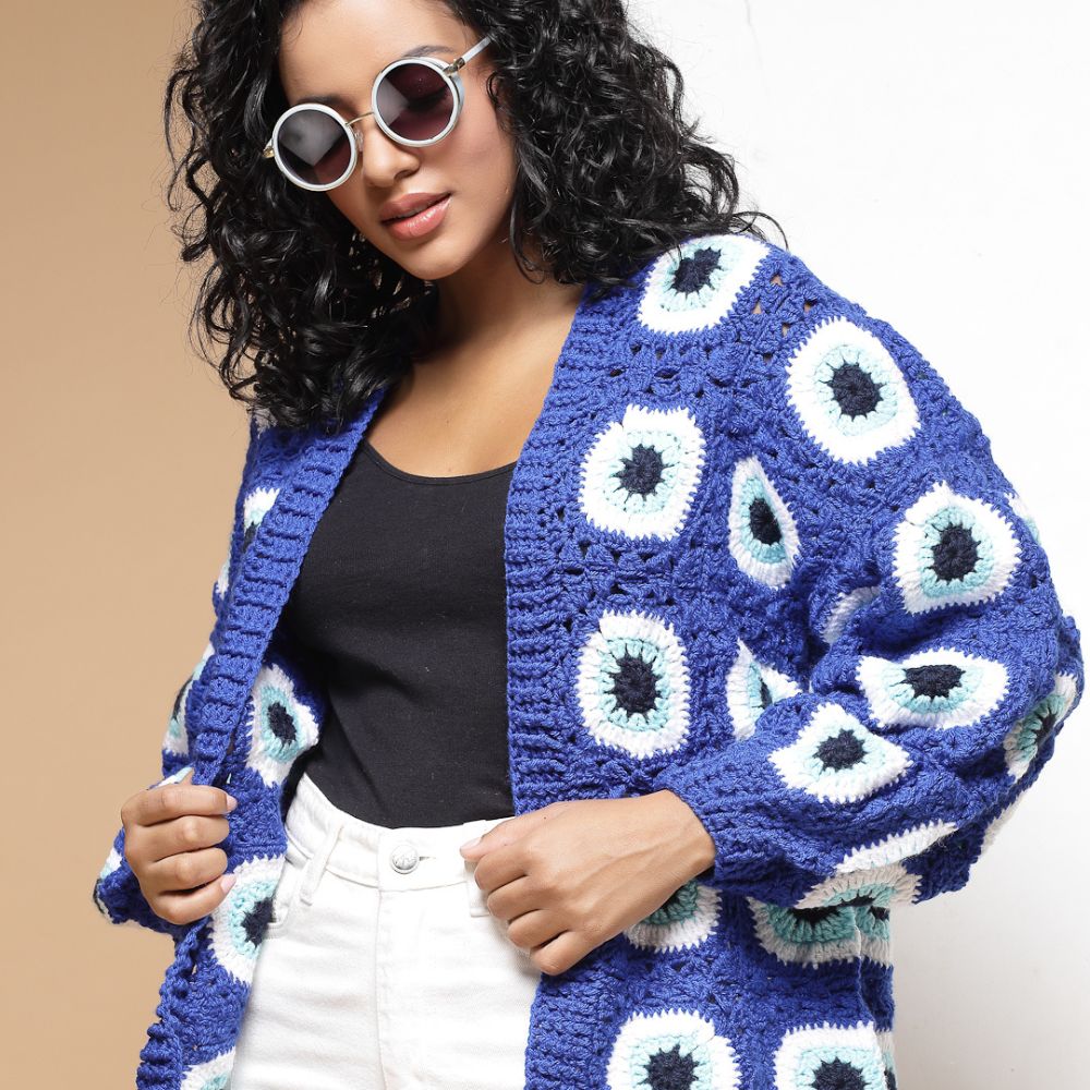 Velvery Handmade Blue Evil Eye Crochet Baggy V-Neck Cardigan 