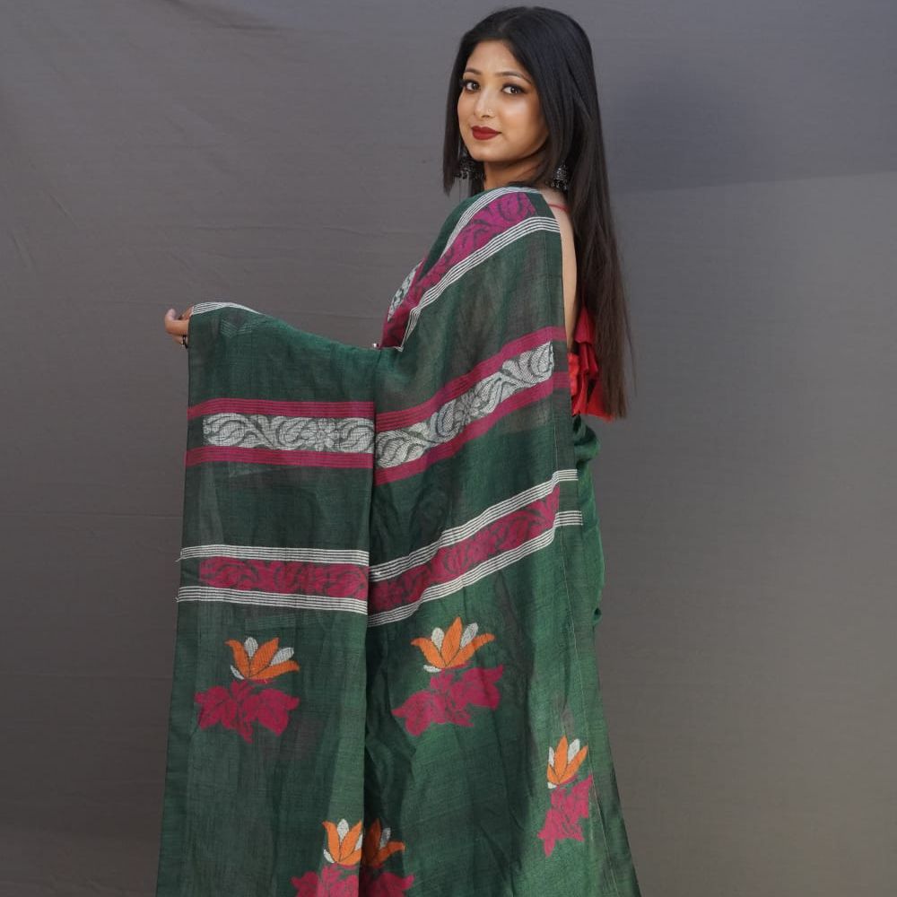 Tussar Saree with Madhubani Bride, Doli, and Kaahar Painting