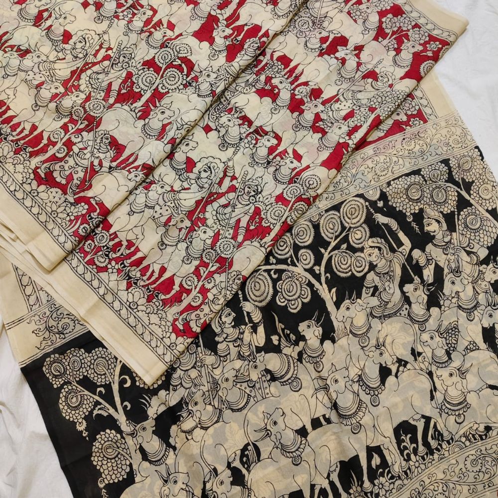 Tussar Saree with Madhubani Bride, Doli, and Kaahar Painting
