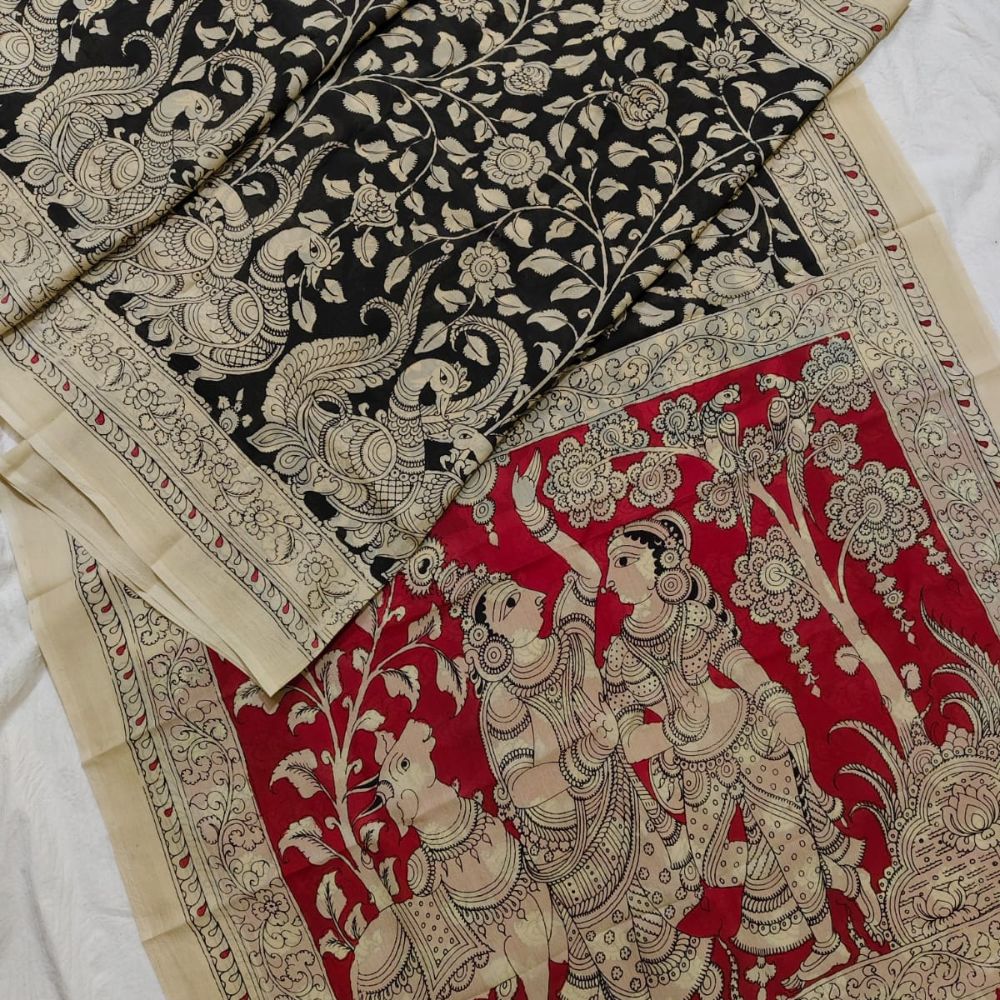 Tussar Saree with Madhubani Bride, Doli, and Kaahar Painting