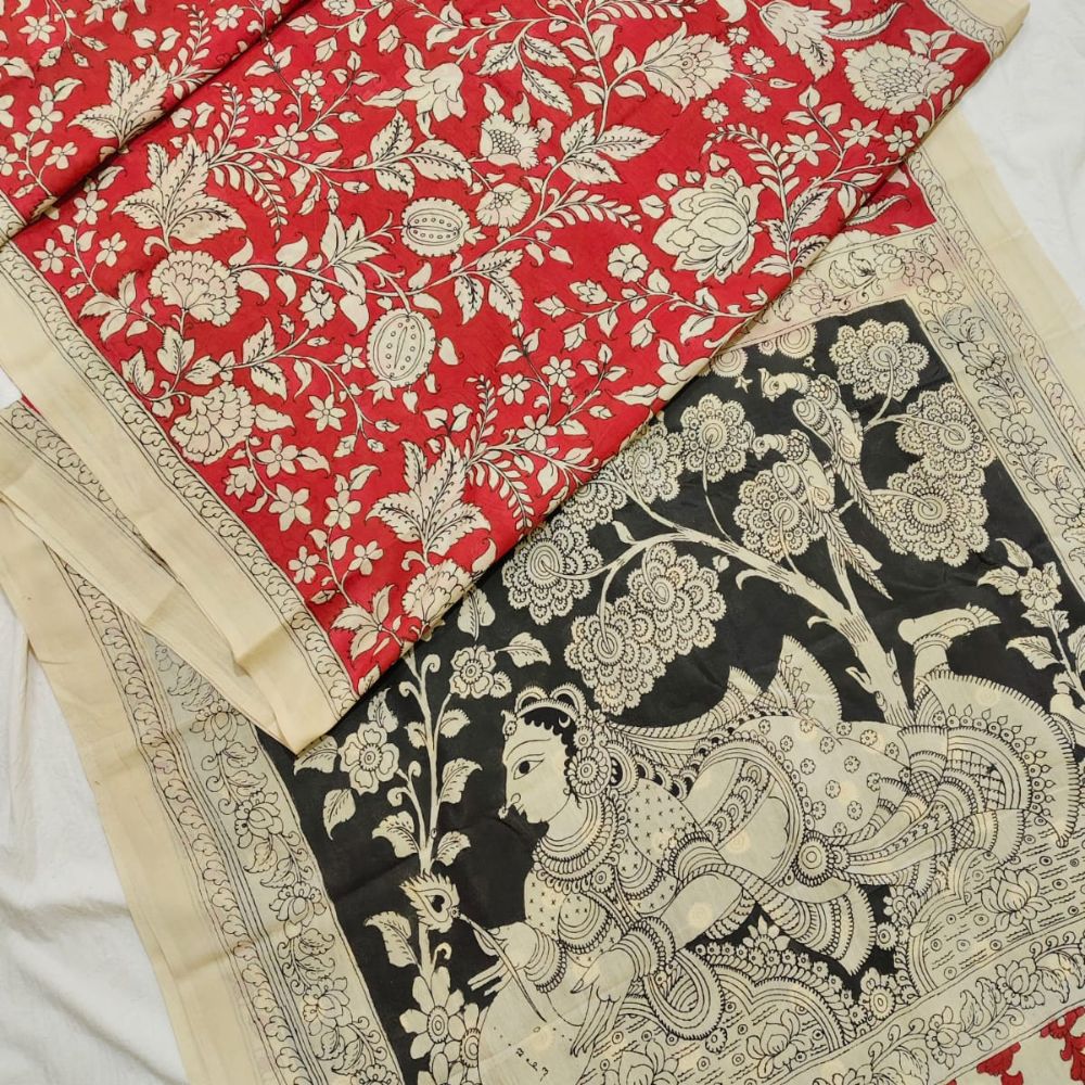 Tussar Saree with Madhubani Bride, Doli, and Kaahar Painting