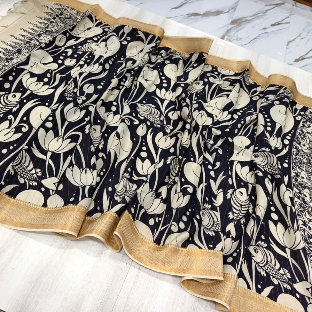 Tussar Saree with Madhubani Bride, Doli, and Kaahar Painting