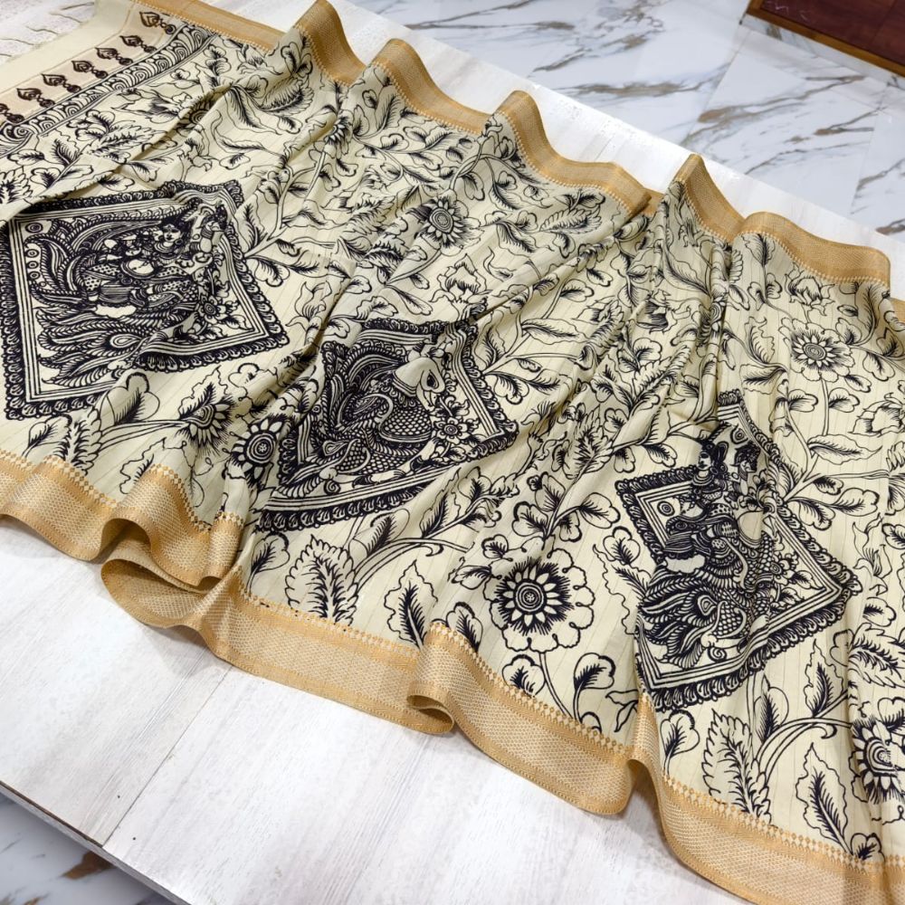 Tussar Saree with Madhubani Bride, Doli, and Kaahar Painting