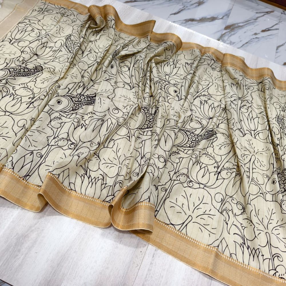 Tussar Saree with Madhubani Bride, Doli, and Kaahar Painting