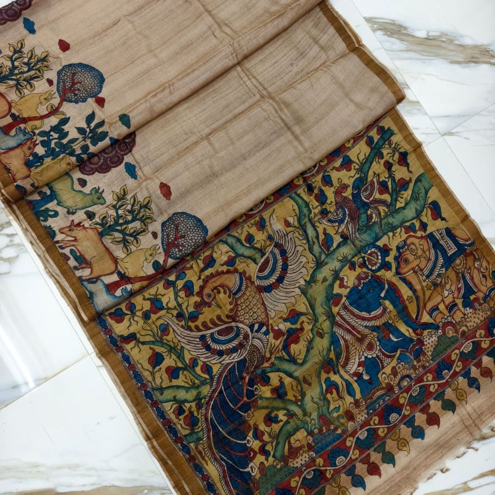 Tussar Saree with Madhubani Bride, Doli, and Kaahar Painting