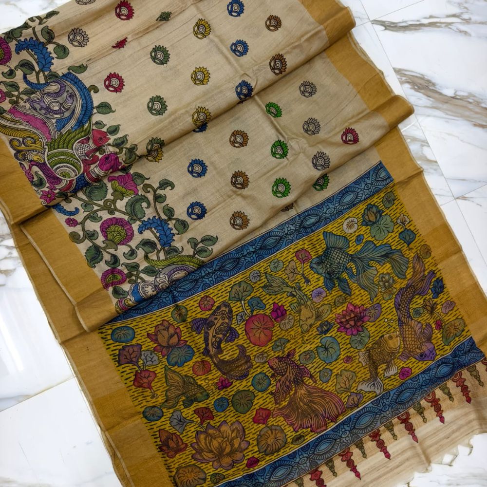 Tussar Saree with Madhubani Bride, Doli, and Kaahar Painting