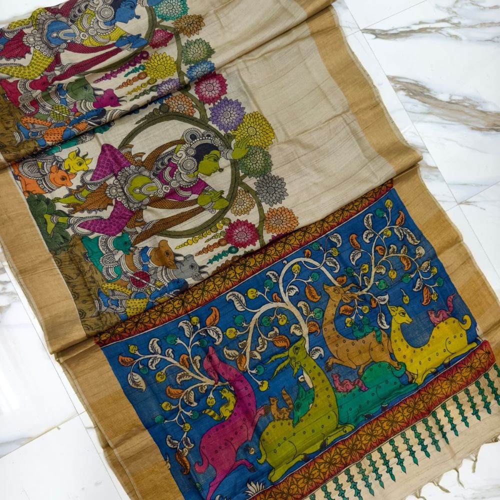 Tussar Saree with Madhubani Bride, Doli, and Kaahar Painting