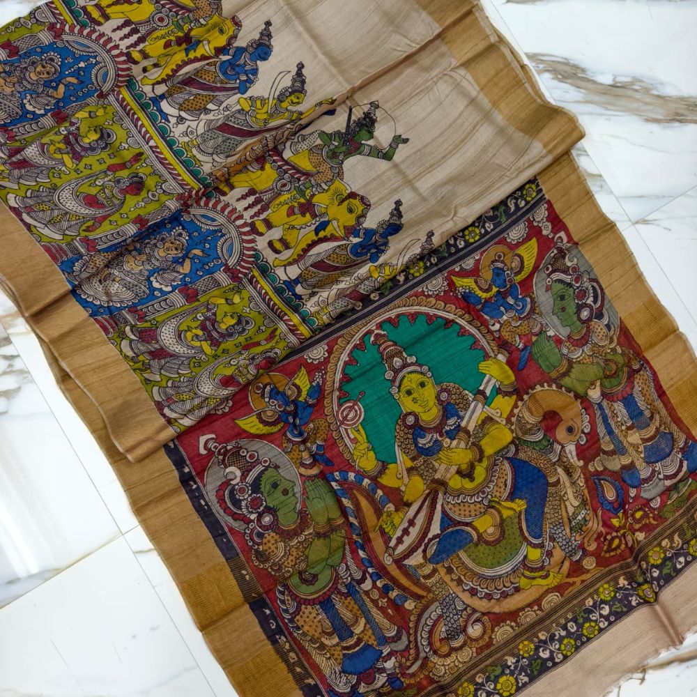 Tussar Saree with Madhubani Bride, Doli, and Kaahar Painting