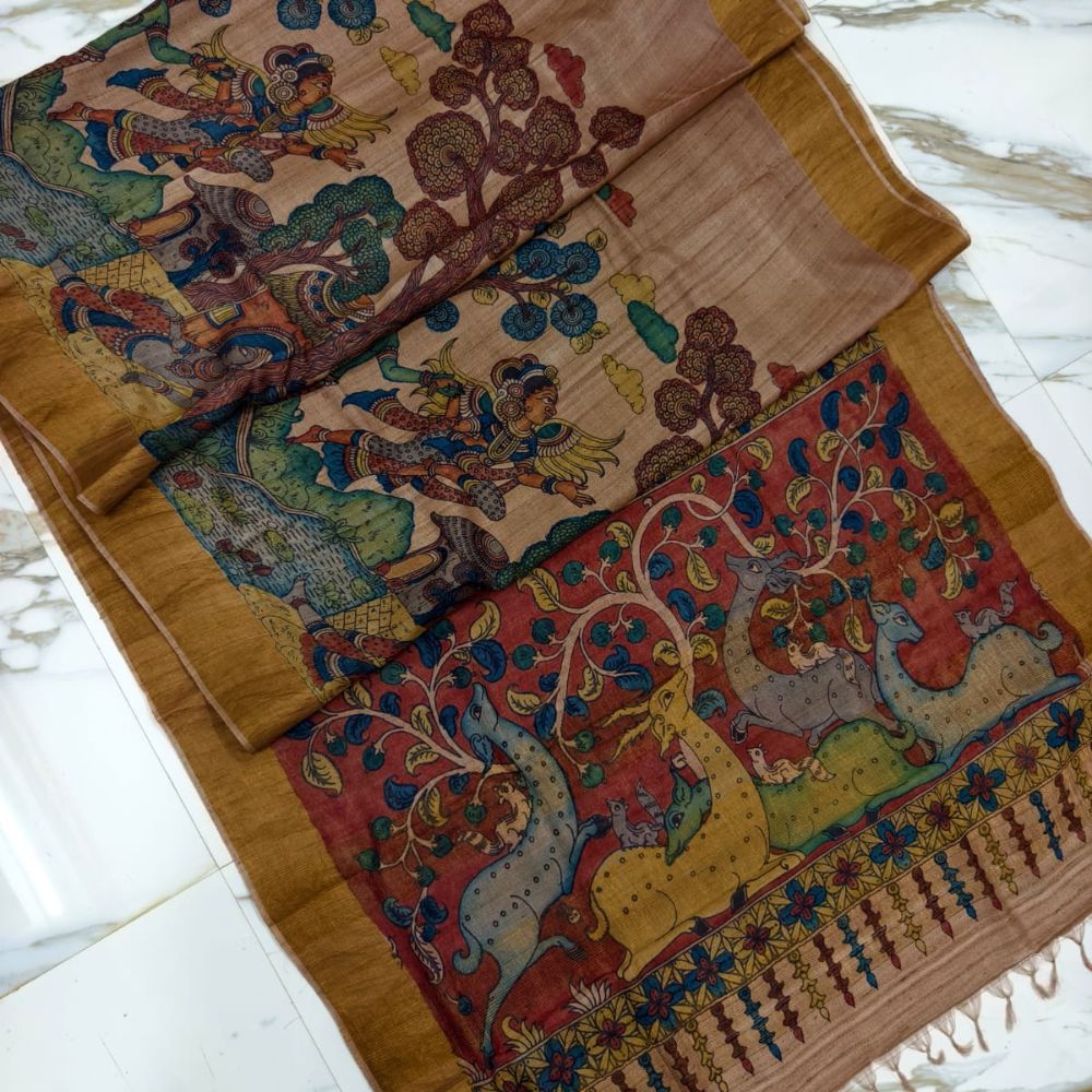 Tussar Saree with Madhubani Bride, Doli, and Kaahar Painting