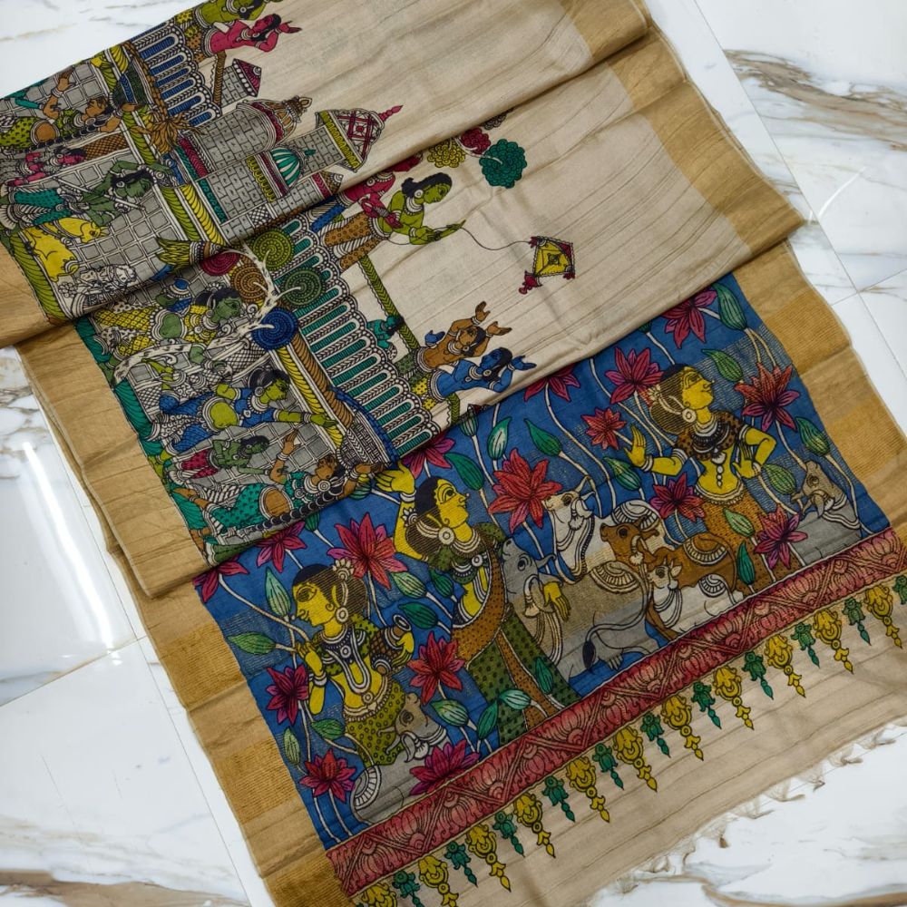 Tussar Saree with Madhubani Bride, Doli, and Kaahar Painting