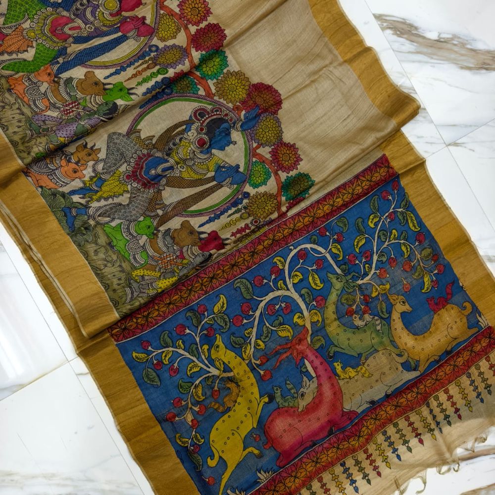Tussar Saree with Madhubani Bride, Doli, and Kaahar Painting