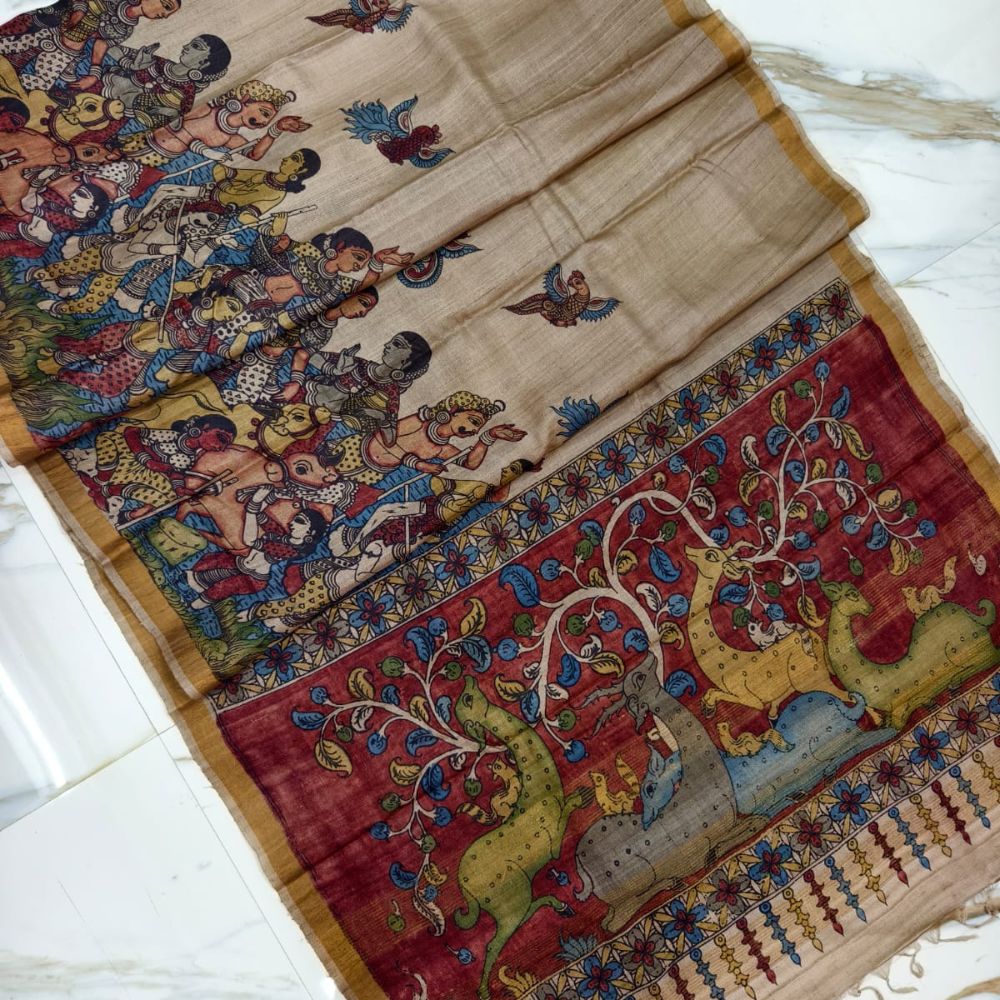Tussar Saree with Madhubani Bride, Doli, and Kaahar Painting