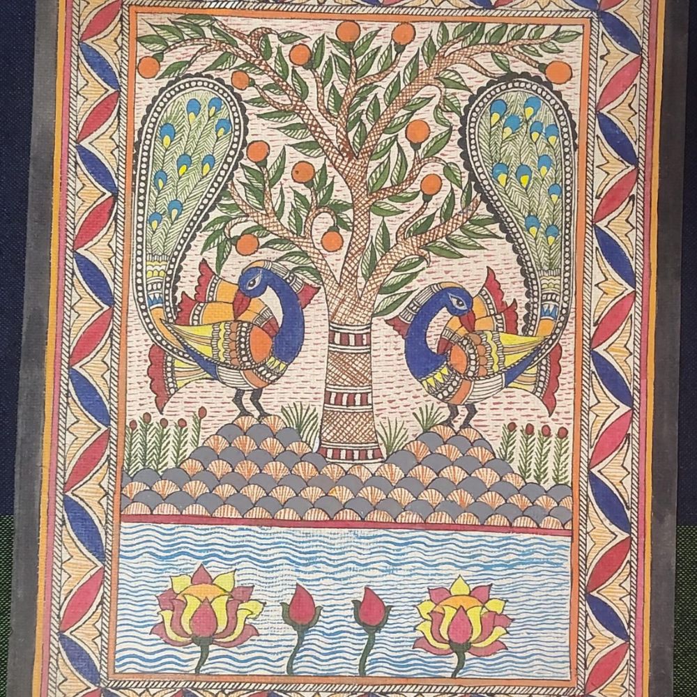 Tussar Saree with Madhubani Bride, Doli, and Kaahar Painting