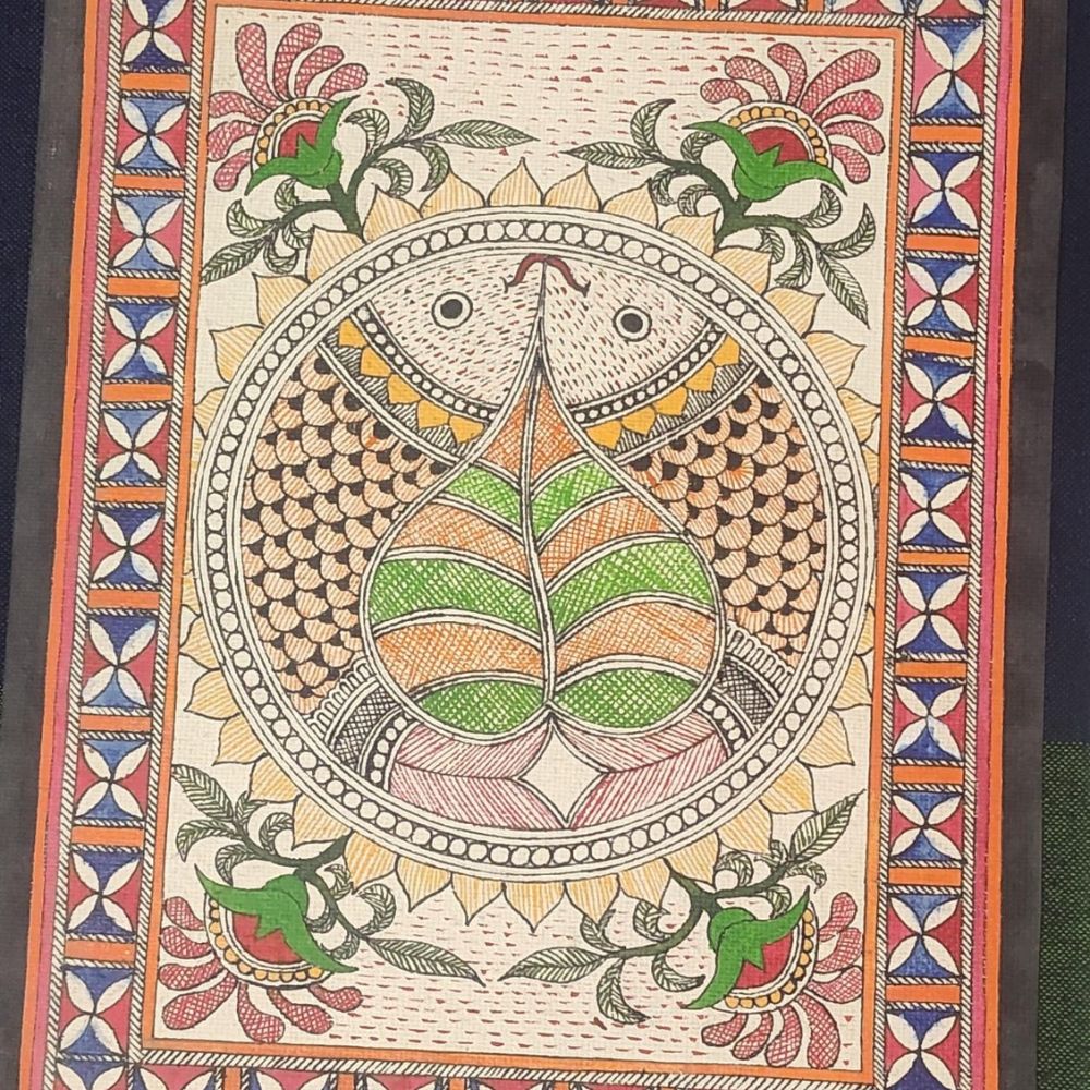 Tussar Saree with Madhubani Bride, Doli, and Kaahar Painting