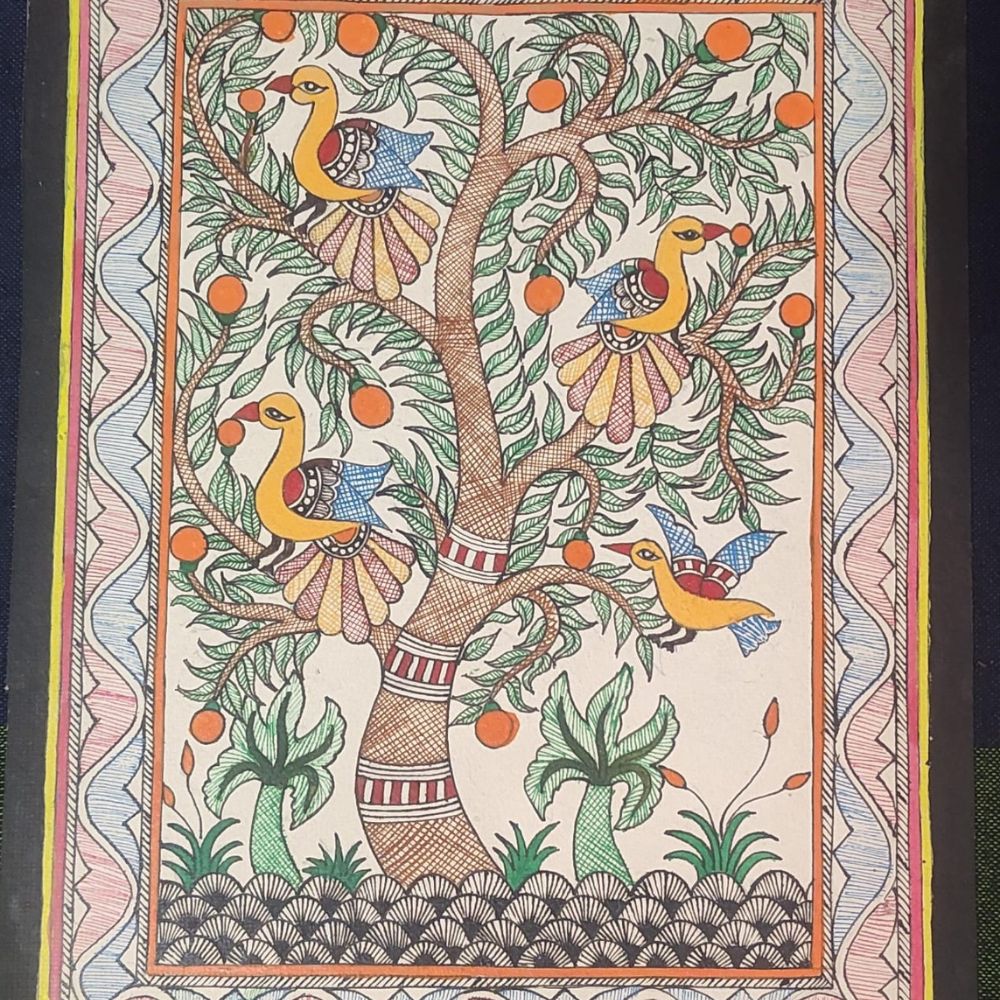 Tussar Saree with Madhubani Bride, Doli, and Kaahar Painting