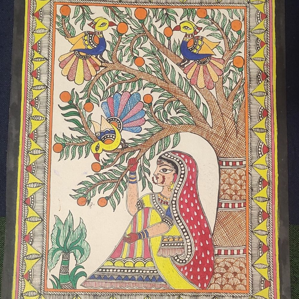 Tussar Saree with Madhubani Bride, Doli, and Kaahar Painting