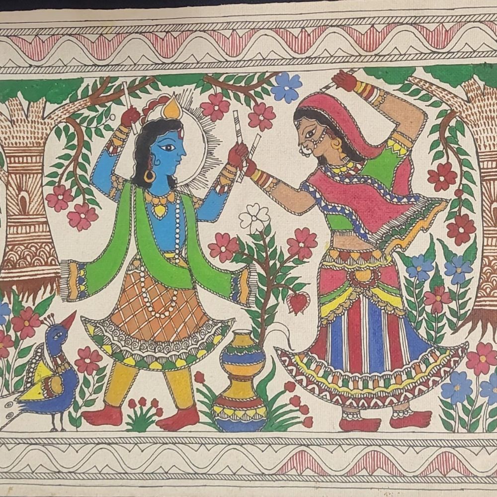 Tussar Saree with Madhubani Bride, Doli, and Kaahar Painting