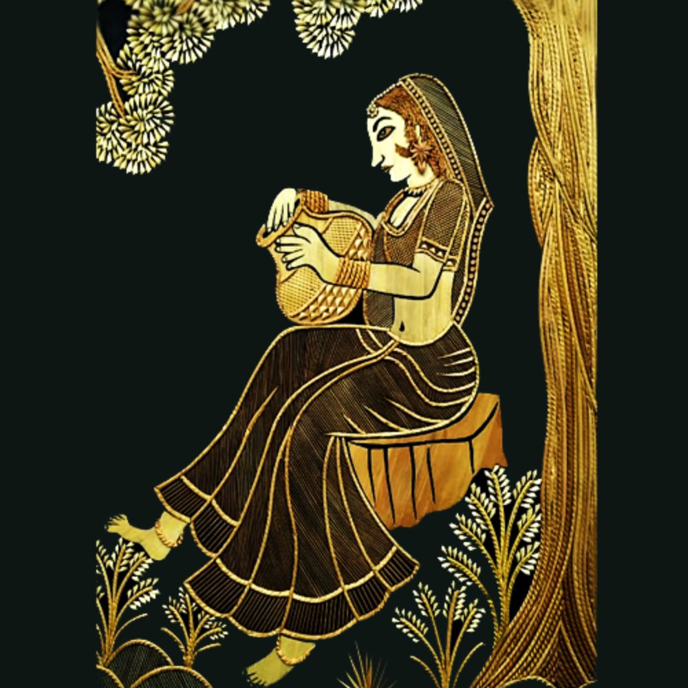 Tussar Saree with Madhubani Bride, Doli, and Kaahar Painting