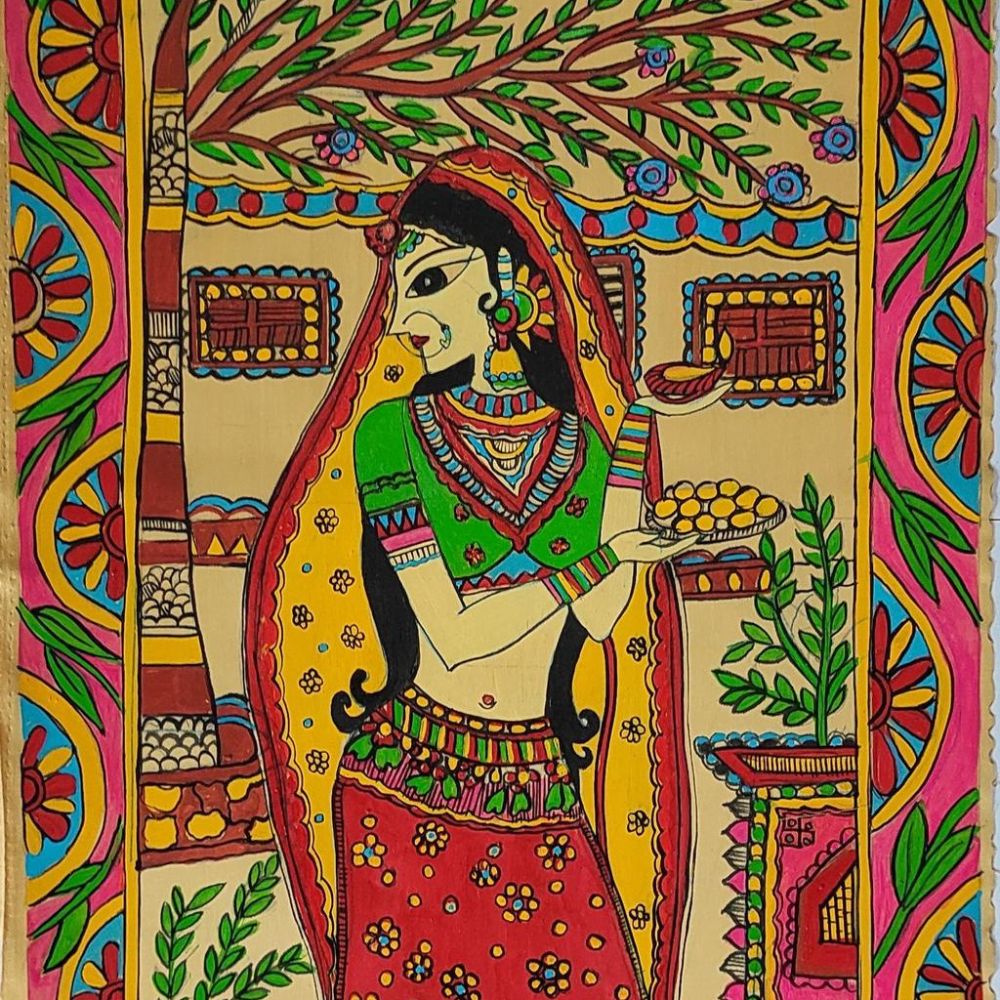 Tussar Saree with Madhubani Bride, Doli, and Kaahar Painting