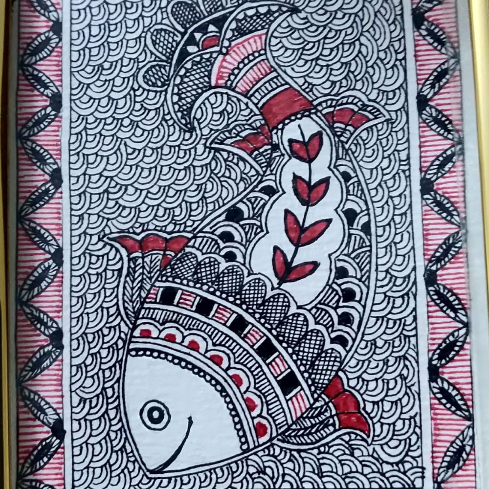 Tussar Saree with Madhubani Bride, Doli, and Kaahar Painting