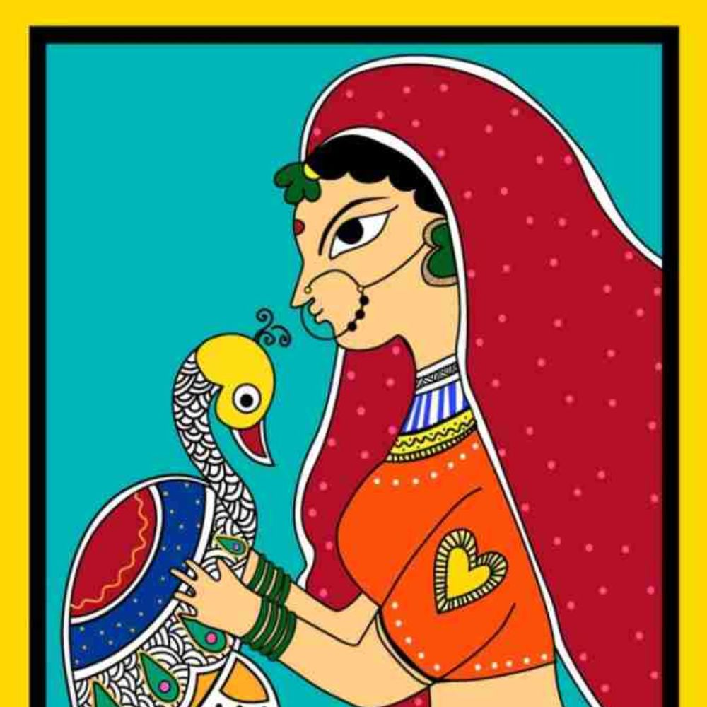 Tussar Saree with Madhubani Bride, Doli, and Kaahar Painting