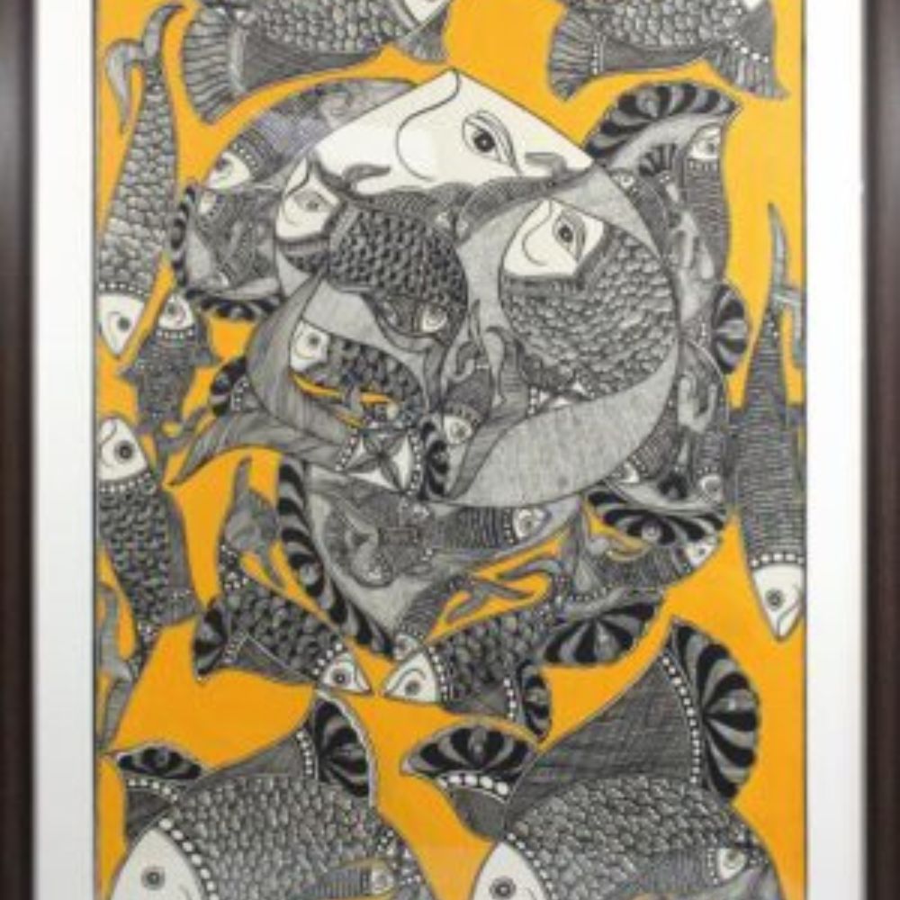 Tussar Saree with Madhubani Bride, Doli, and Kaahar Painting