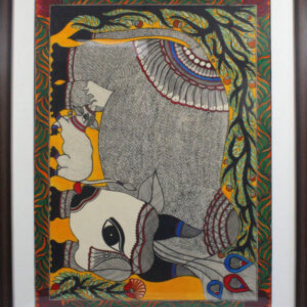 Tussar Saree with Madhubani Bride, Doli, and Kaahar Painting