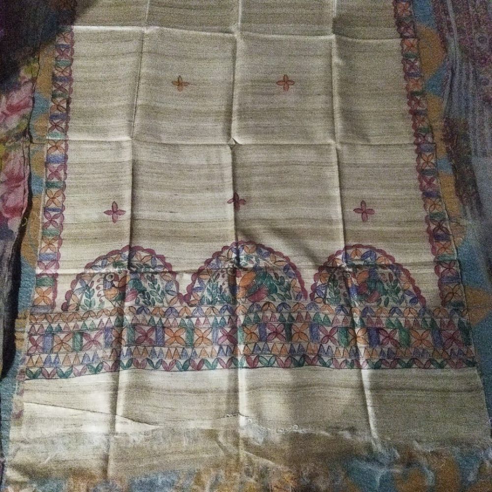 Tussar Saree with Madhubani Bride, Doli, and Kaahar Painting