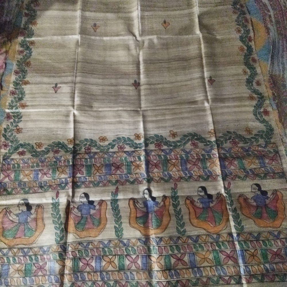 Tussar Saree with Madhubani Bride, Doli, and Kaahar Painting