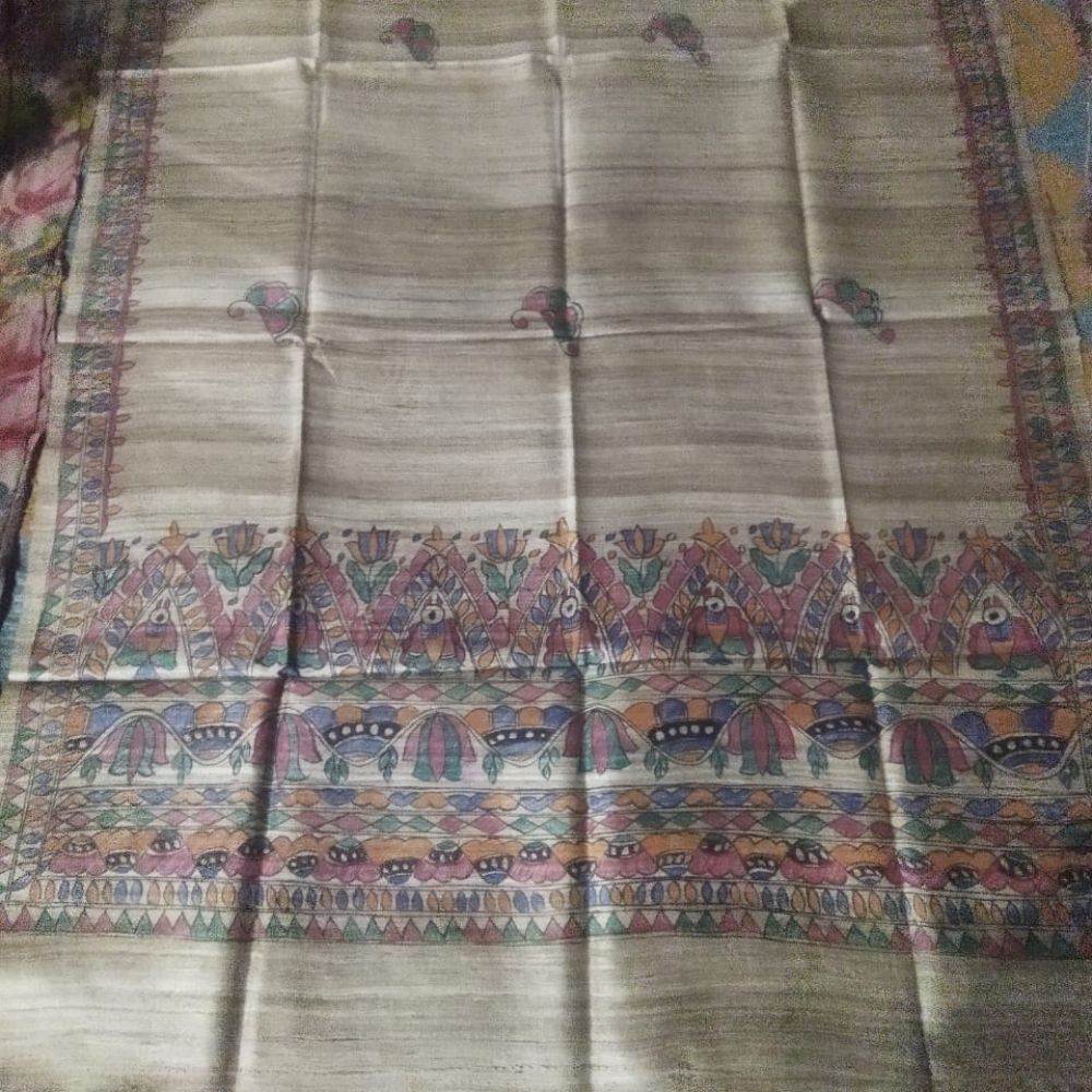 Tussar Saree with Madhubani Bride, Doli, and Kaahar Painting