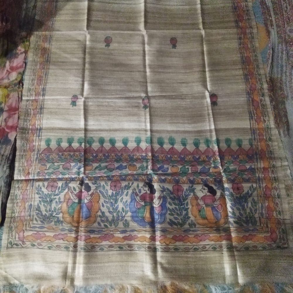 Tussar Saree with Madhubani Bride, Doli, and Kaahar Painting