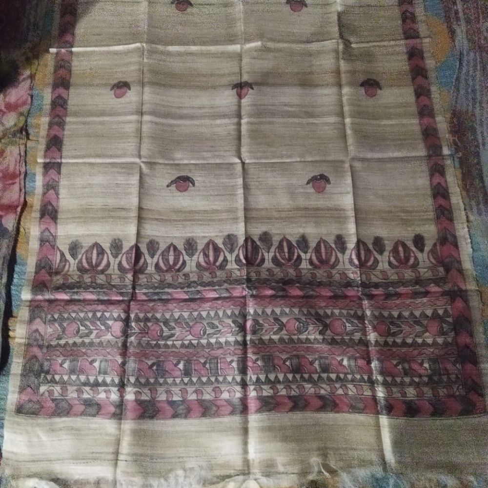 Tussar Saree with Madhubani Bride, Doli, and Kaahar Painting