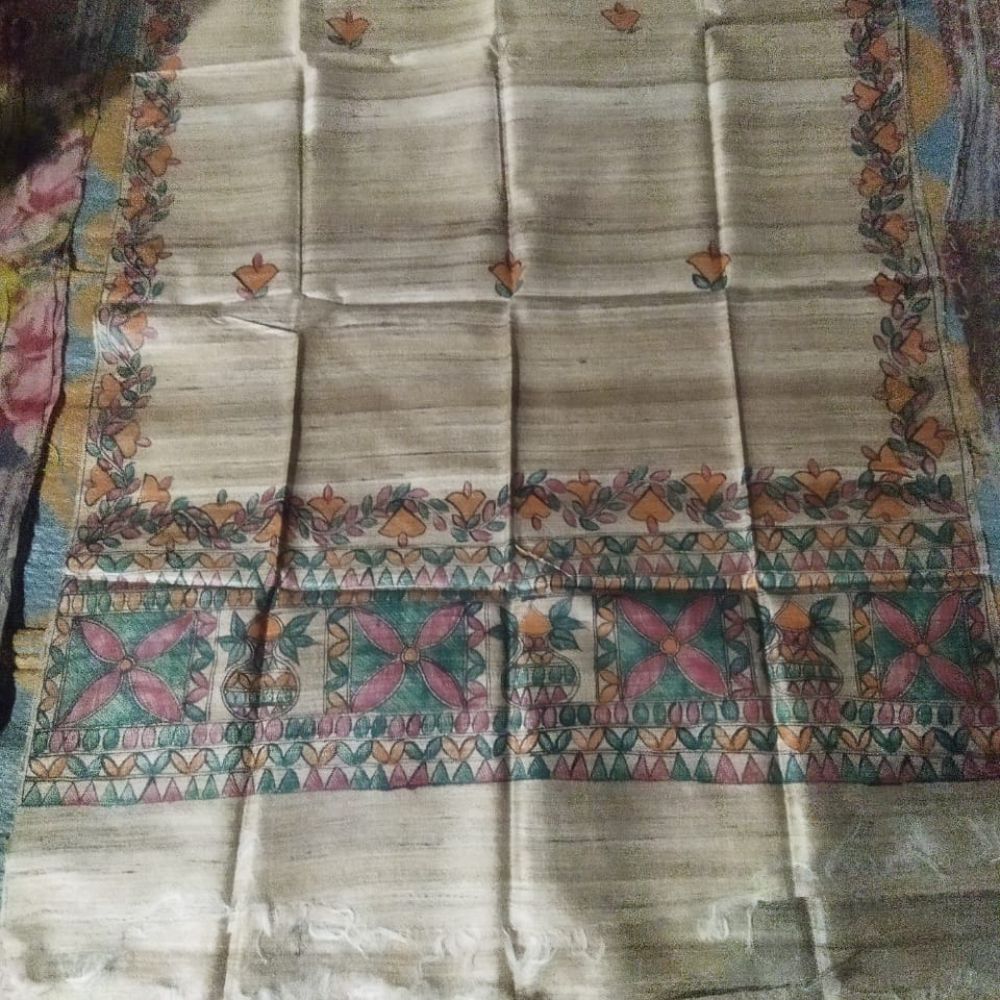 Tussar Saree with Madhubani Bride, Doli, and Kaahar Painting