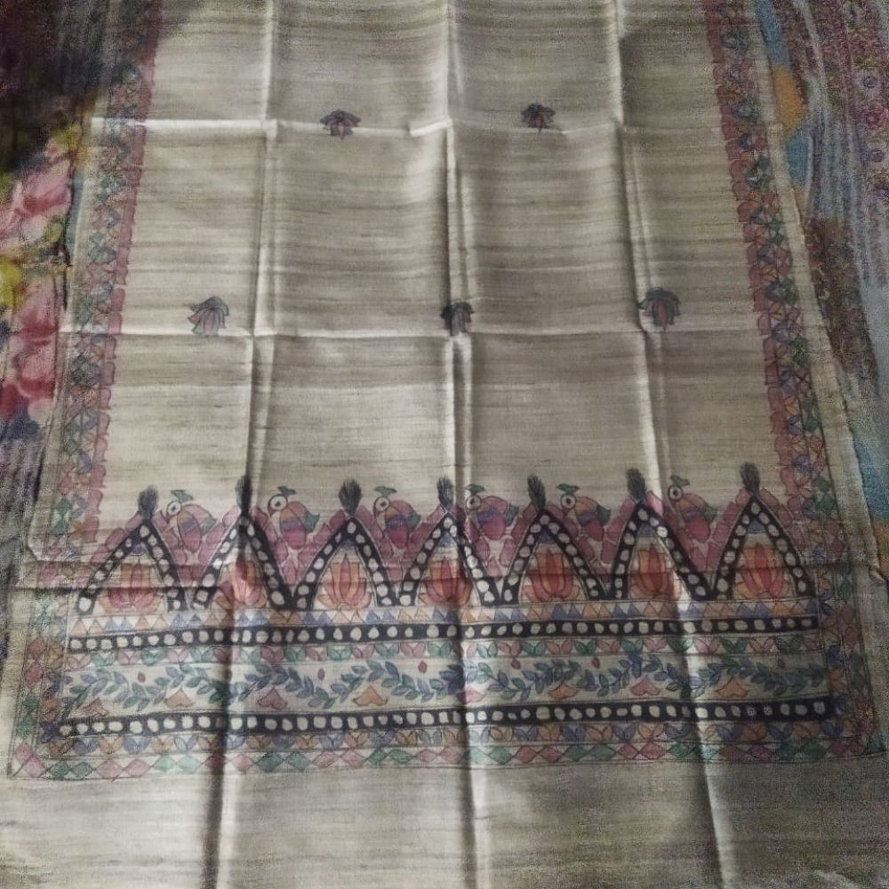 Tussar Saree with Madhubani Bride, Doli, and Kaahar Painting