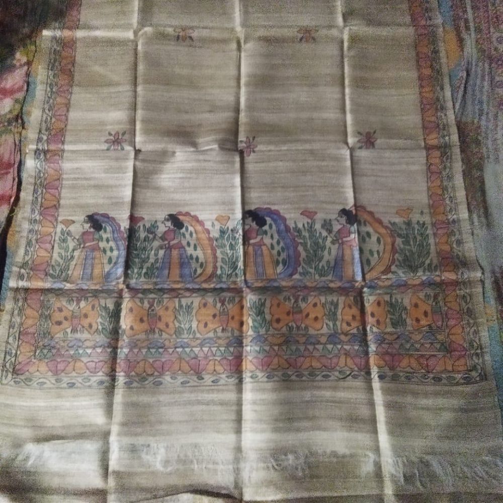 Tussar Saree with Madhubani Bride, Doli, and Kaahar Painting