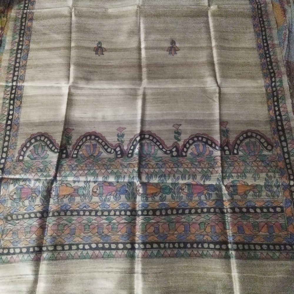 Tussar Saree with Madhubani Bride, Doli, and Kaahar Painting