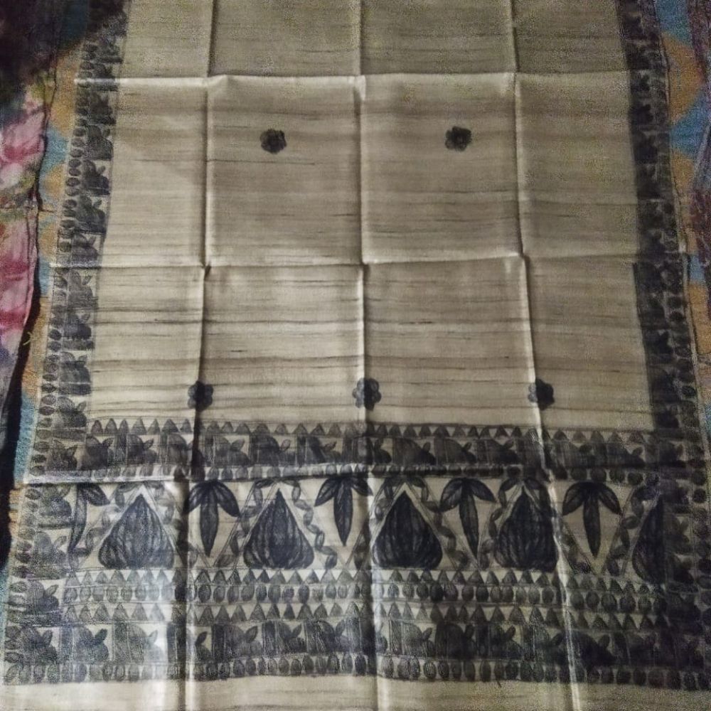 Tussar Saree with Madhubani Bride, Doli, and Kaahar Painting
