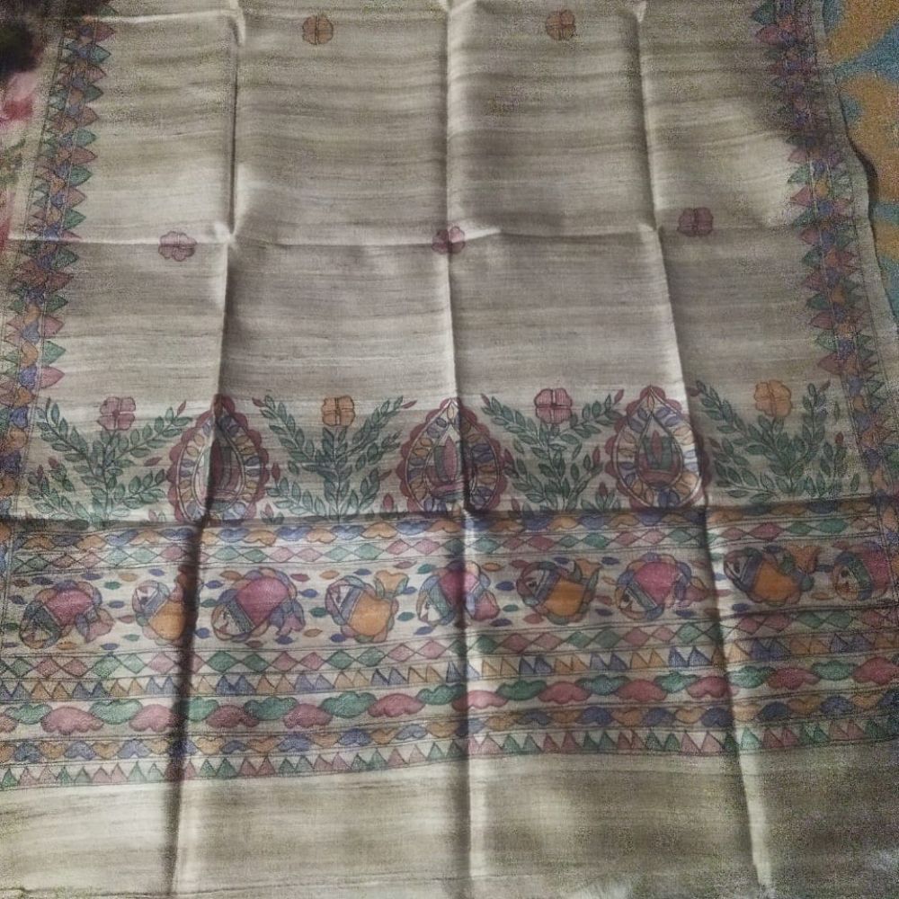 Tussar Saree with Madhubani Bride, Doli, and Kaahar Painting