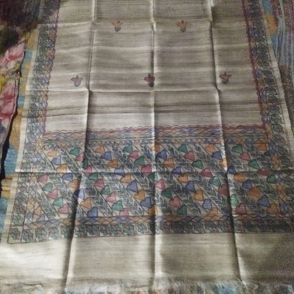 Tussar Saree with Madhubani Bride, Doli, and Kaahar Painting